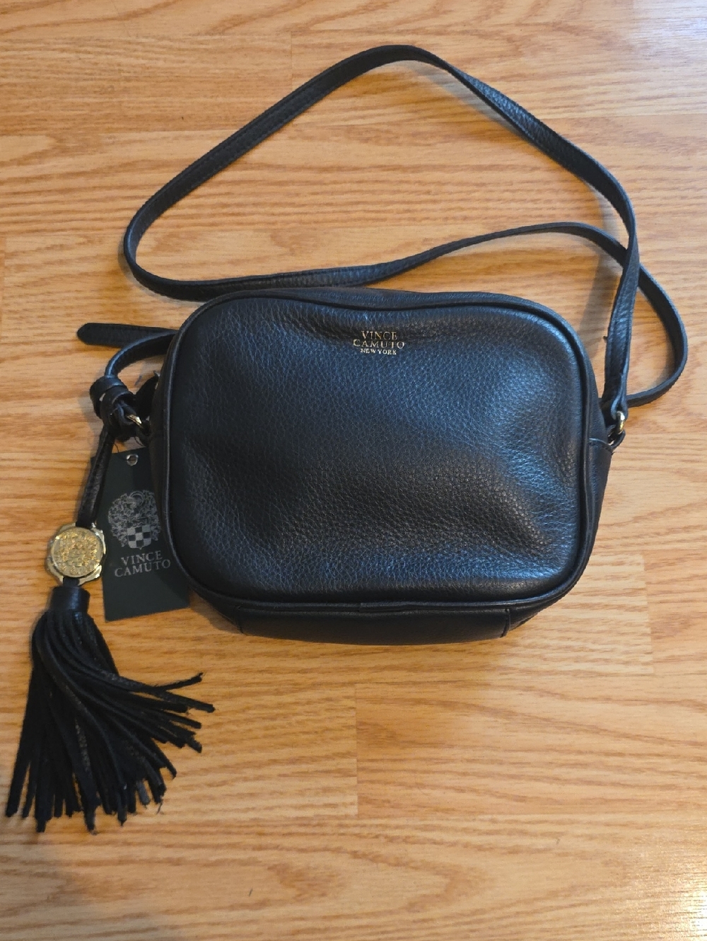Vince Camuto Black Pebbled Leather Tassel Crossbody